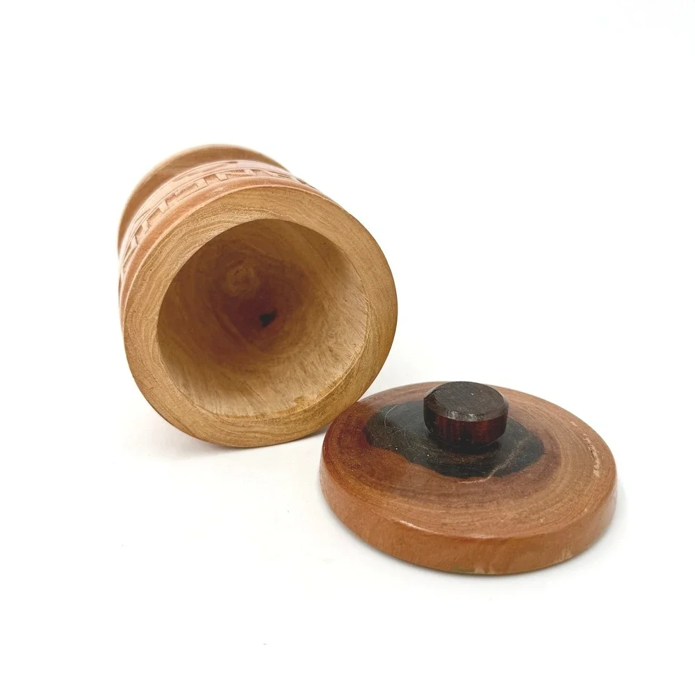 Vintage Hand Carved Wood Cancun Mexico Trinket Box Jar with‎ Lid Pedestal 4.5
